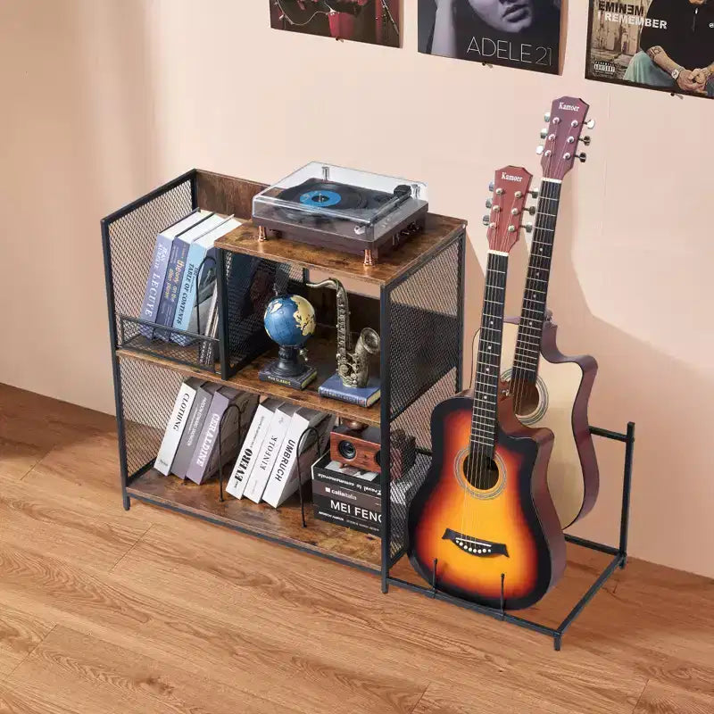 VEVOR 3-Tier Record Player Stand with Guitar Holder, Turntable Stand with Storage Holds Up to 300 Albums, Vinyl Record Cabinet with Metal Mesh Frame