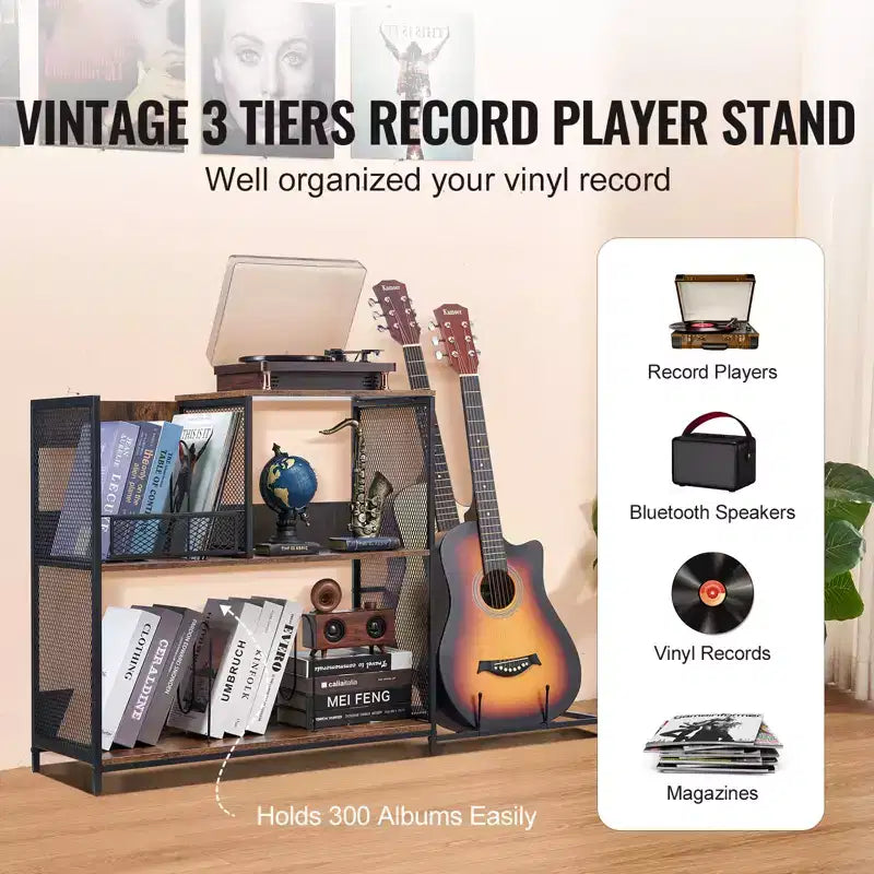 VEVOR 3-Tier Record Player Stand with Guitar Holder, Turntable Stand with Storage Holds Up to 300 Albums, Vinyl Record Cabinet with Metal Mesh Frame