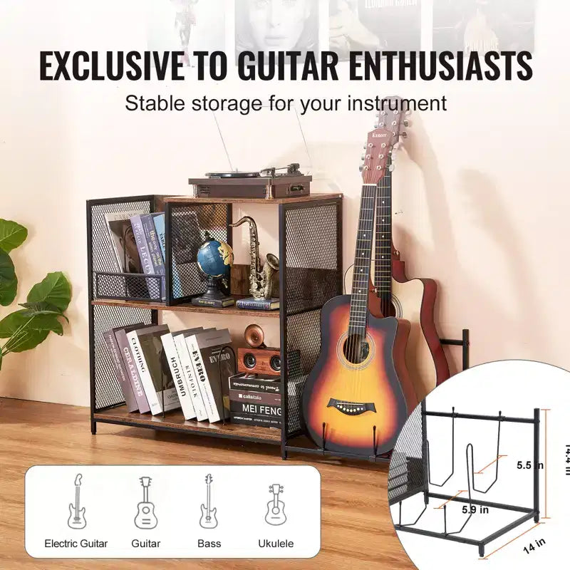VEVOR 3-Tier Record Player Stand with Guitar Holder, Turntable Stand with Storage Holds Up to 300 Albums, Vinyl Record Cabinet with Metal Mesh Frame