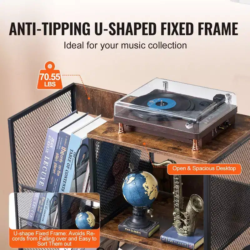 VEVOR 3-Tier Record Player Stand with Guitar Holder, Turntable Stand with Storage Holds Up to 300 Albums, Vinyl Record Cabinet with Metal Mesh Frame