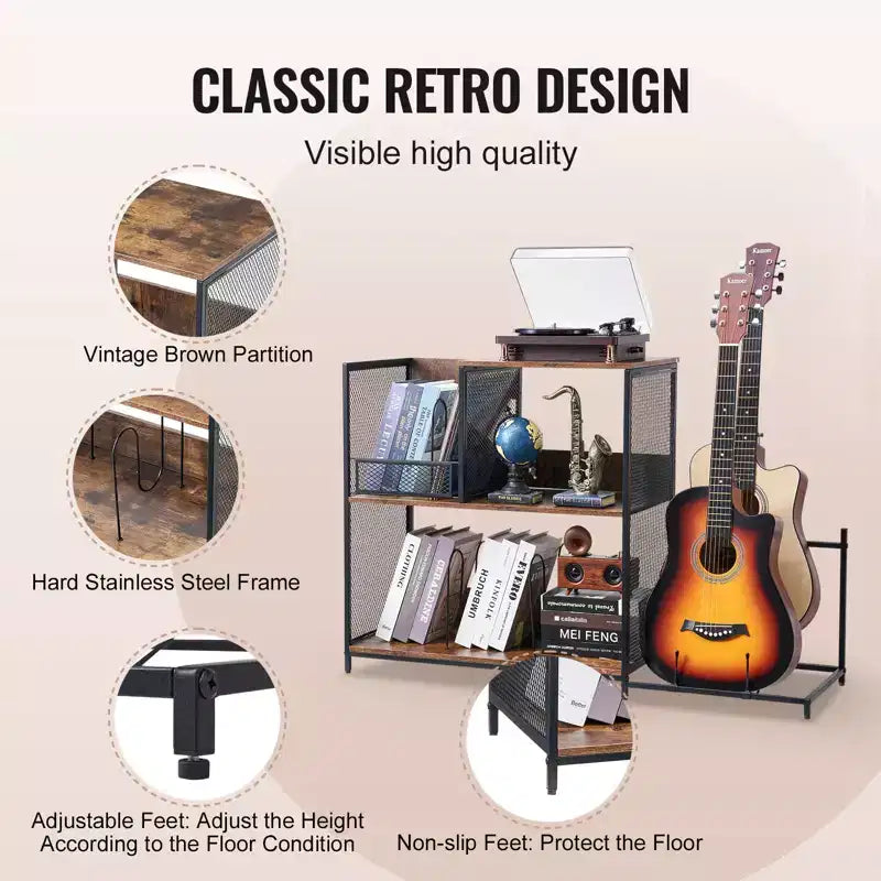 VEVOR 3-Tier Record Player Stand with Guitar Holder, Turntable Stand with Storage Holds Up to 300 Albums, Vinyl Record Cabinet with Metal Mesh Frame