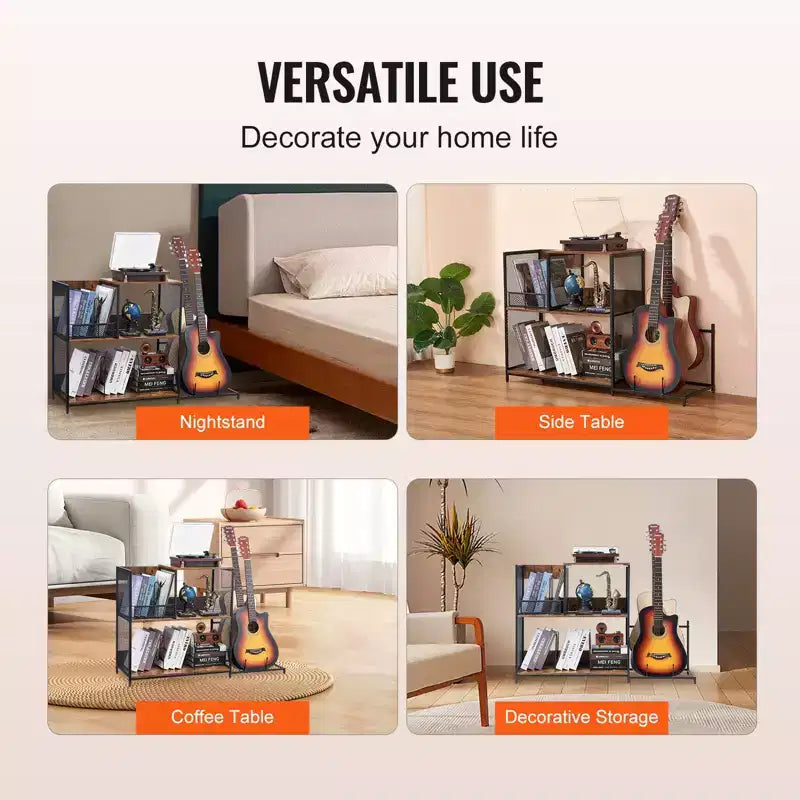 VEVOR 3-Tier Record Player Stand with Guitar Holder, Turntable Stand with Storage Holds Up to 300 Albums, Vinyl Record Cabinet with Metal Mesh Frame
