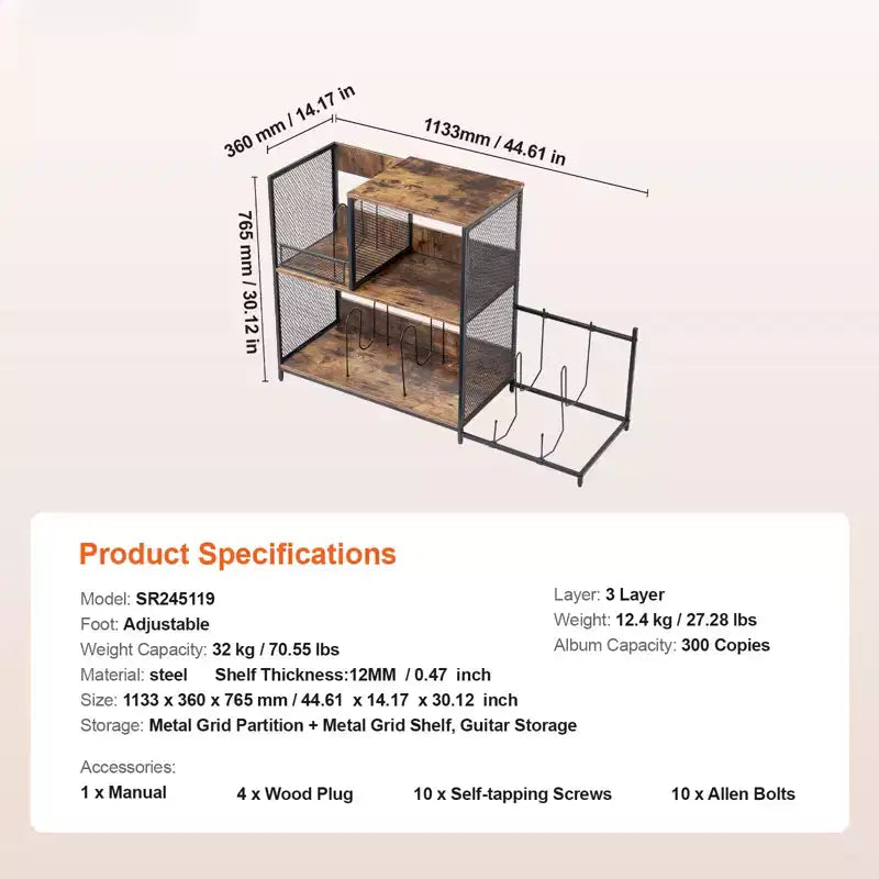 VEVOR 3-Tier Record Player Stand with Guitar Holder, Turntable Stand with Storage Holds Up to 300 Albums, Vinyl Record Cabinet with Metal Mesh Frame