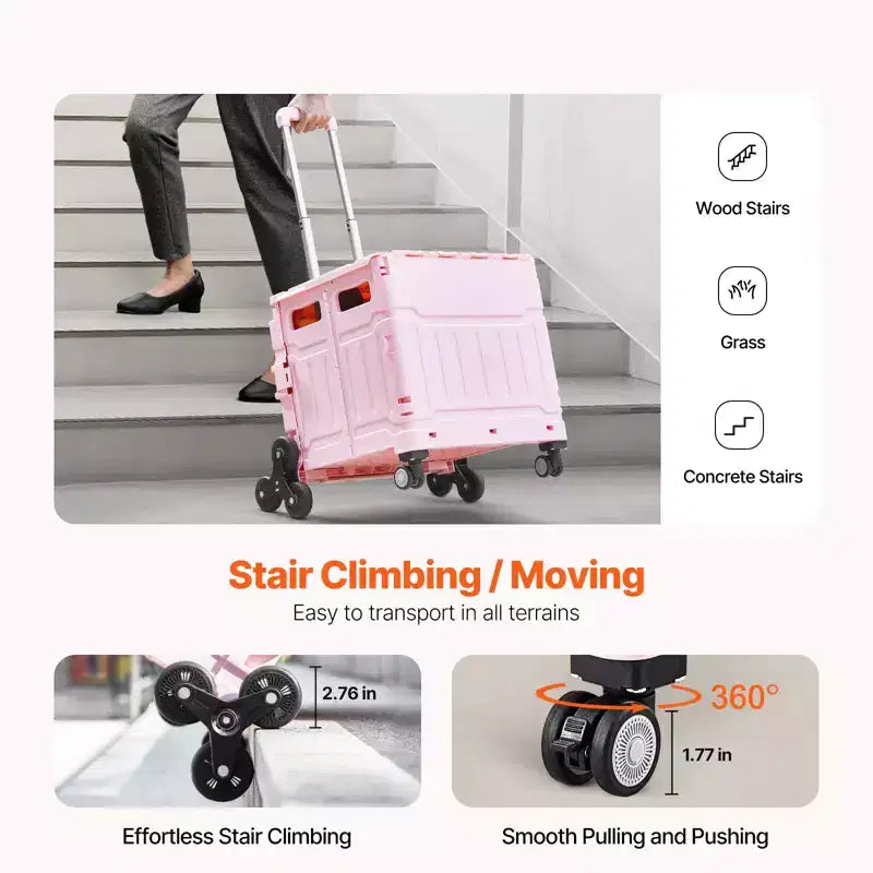 VEVOR Foldable Utility Cart, 65L Collapsible Portable Crate Rolling Cart with Stair Climbing Wheels & 360 Swivel Wheels, Hand Cart