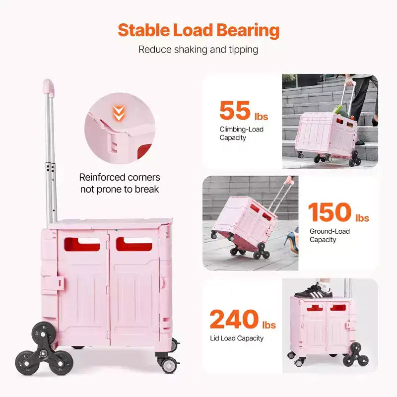 VEVOR Foldable Utility Cart, 65L Collapsible Portable Crate Rolling Cart with Stair Climbing Wheels & 360 Swivel Wheels, Hand Cart