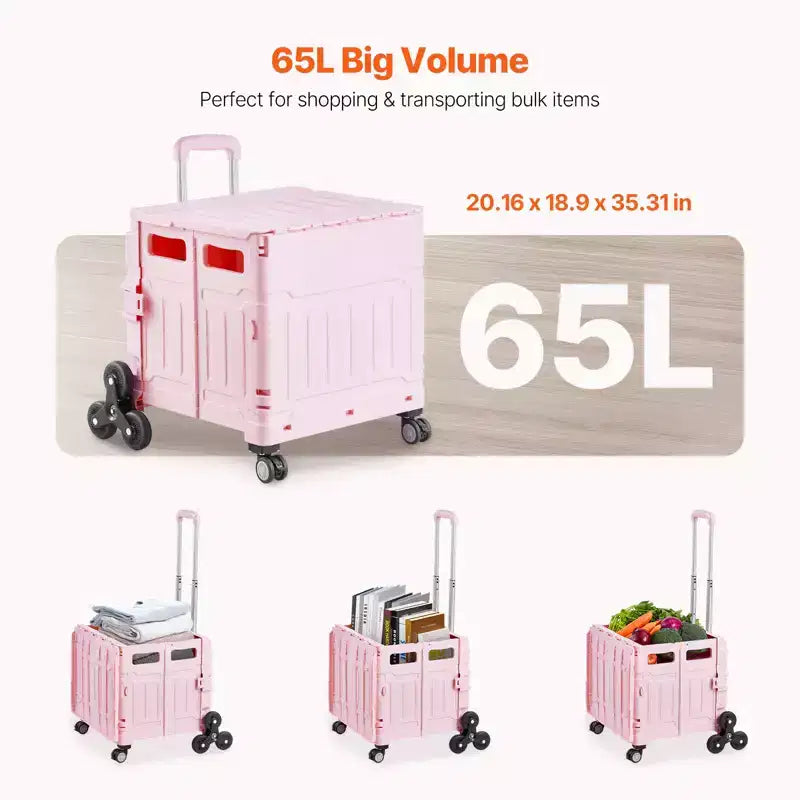 VEVOR Foldable Utility Cart, 65L Collapsible Portable Crate Rolling Cart with Stair Climbing Wheels & 360 Swivel Wheels, Hand Cart