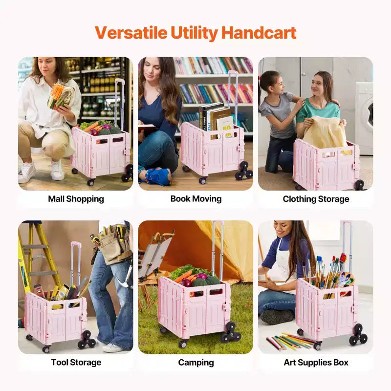 VEVOR Foldable Utility Cart, 65L Collapsible Portable Crate Rolling Cart with Stair Climbing Wheels & 360 Swivel Wheels, Hand Cart