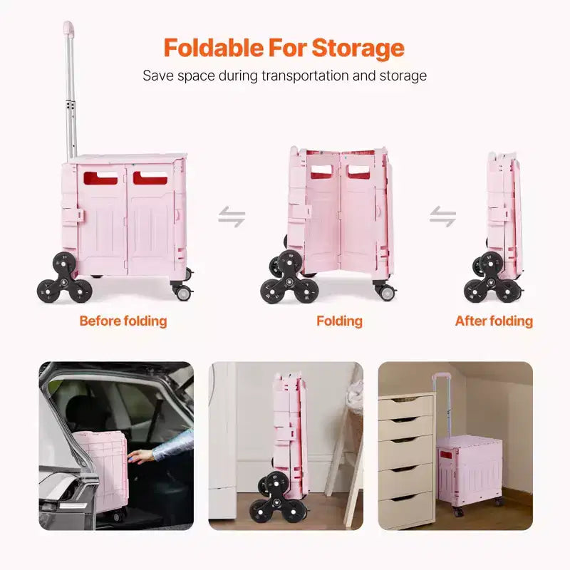 VEVOR Foldable Utility Cart, 65L Collapsible Portable Crate Rolling Cart with Stair Climbing Wheels & 360 Swivel Wheels, Hand Cart
