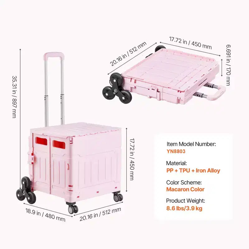 VEVOR Foldable Utility Cart, 65L Collapsible Portable Crate Rolling Cart with Stair Climbing Wheels & 360 Swivel Wheels, Hand Cart