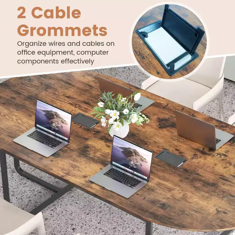 Costway 95 Conference Table for 10-12 People 2 Cable Management Grommets for Office Brown