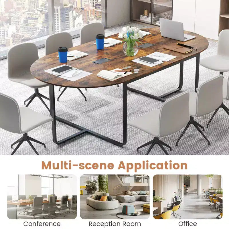 Costway 95 Conference Table for 10-12 People 2 Cable Management Grommets for Office Brown