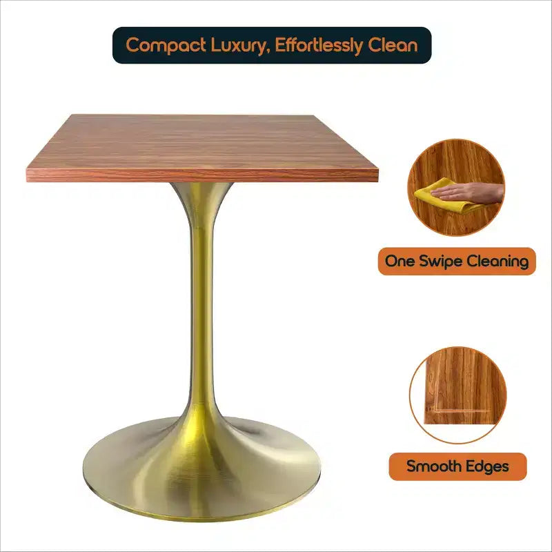 LeisureMod Verve 24 Sqaure Dining Table - Modern MDF Top with Brushed Gold Pedestal Base Accent Cafe Table for Kitchen, Home, and Cafes
