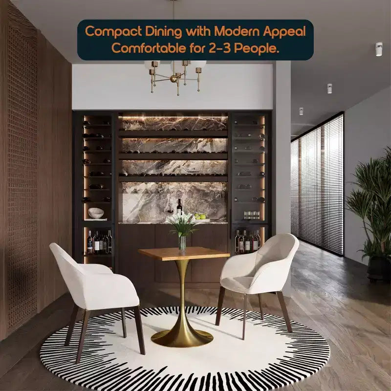 LeisureMod Verve 24 Sqaure Dining Table - Modern MDF Top with Brushed Gold Pedestal Base Accent Cafe Table for Kitchen, Home, and Cafes