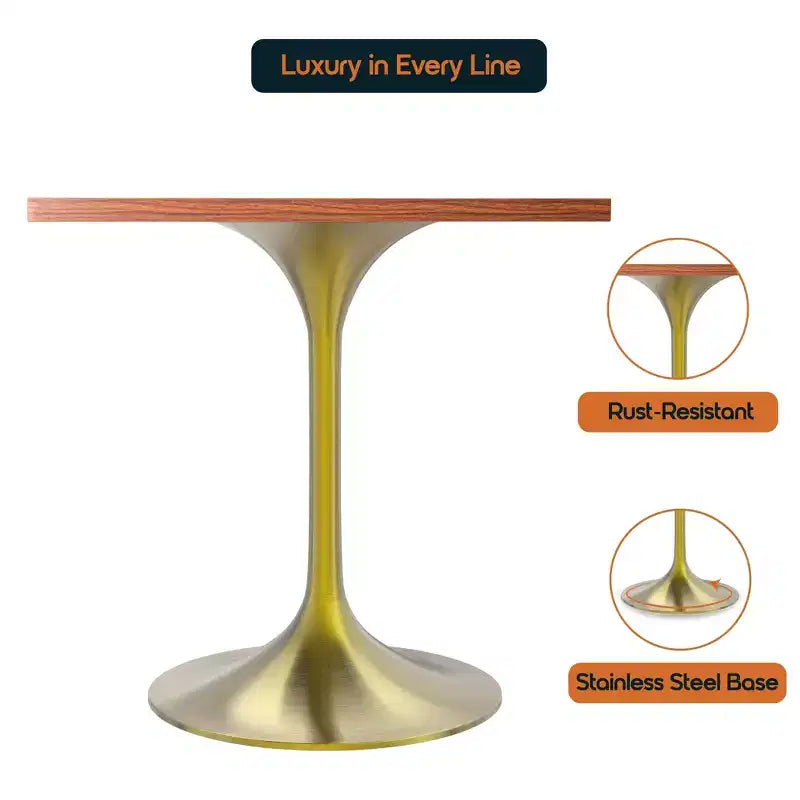 LeisureMod Verve 24 Sqaure Dining Table - Modern MDF Top with Brushed Gold Pedestal Base Accent Cafe Table for Kitchen, Home, and Cafes