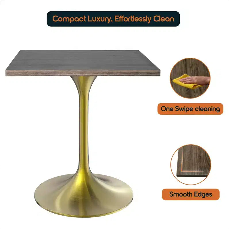 LeisureMod Verve 24 Sqaure Dining Table - Modern MDF Top with Brushed Gold Pedestal Base Accent Cafe Table for Kitchen, Home, and Cafes
