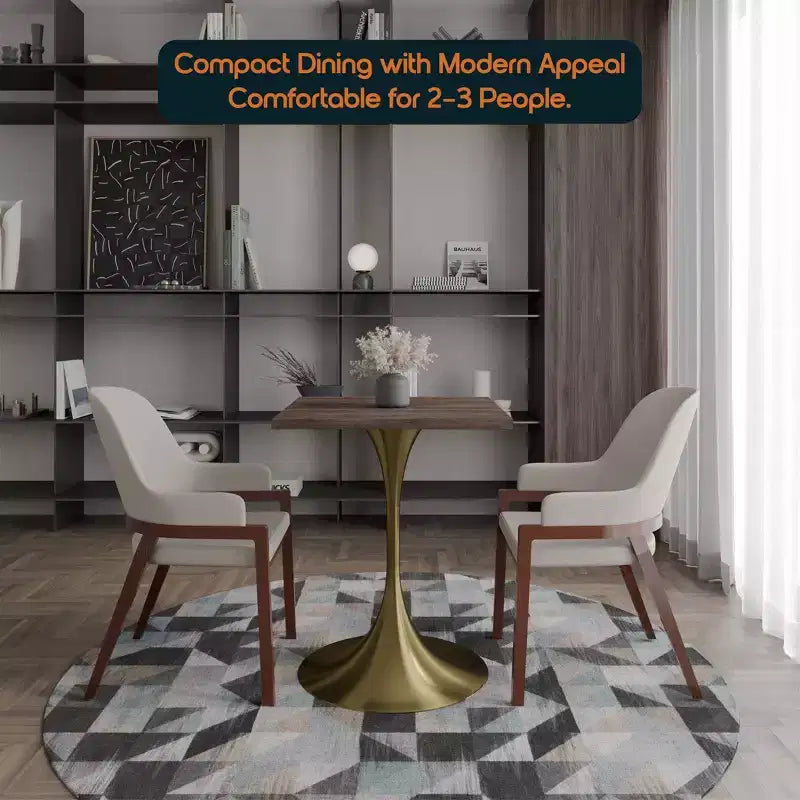 LeisureMod Verve 24 Sqaure Dining Table - Modern MDF Top with Brushed Gold Pedestal Base Accent Cafe Table for Kitchen, Home, and Cafes