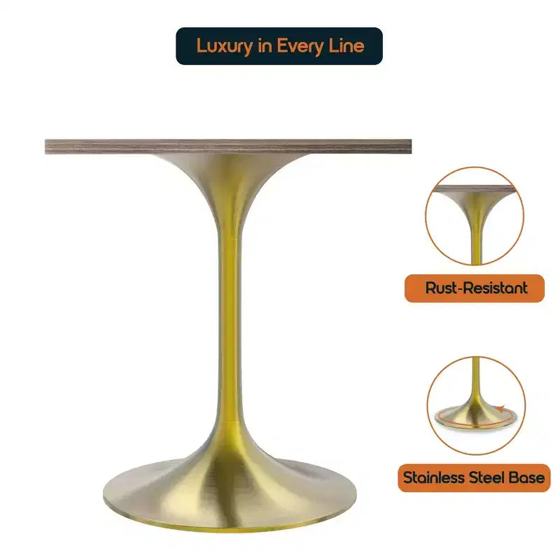 LeisureMod Verve 24 Sqaure Dining Table - Modern MDF Top with Brushed Gold Pedestal Base Accent Cafe Table for Kitchen, Home, and Cafes