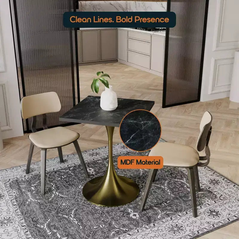 LeisureMod Verve 24 Sqaure Dining Table - Modern MDF Top with Brushed Gold Pedestal Base Accent Cafe Table for Kitchen, Home, and Cafes