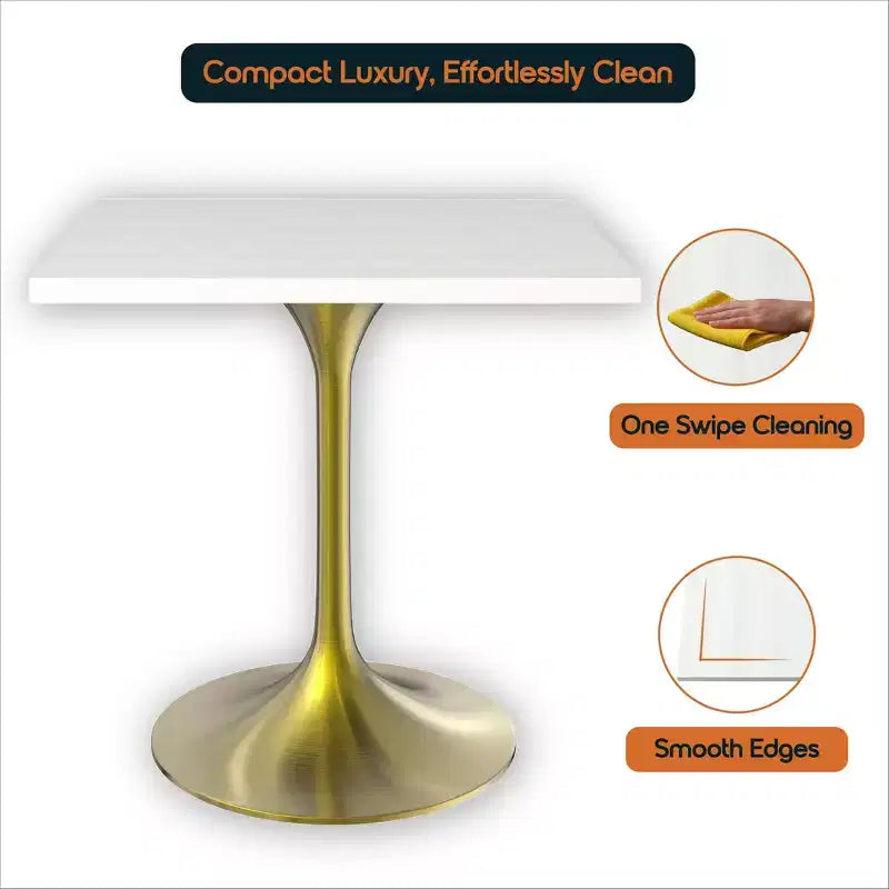 LeisureMod Verve 24 Sqaure Dining Table - Modern MDF Top with Brushed Gold Pedestal Base Accent Cafe Table for Kitchen, Home, and Cafes