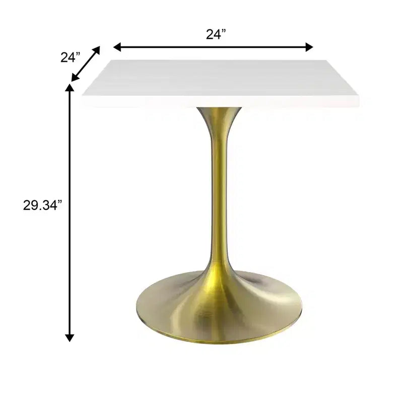 LeisureMod Verve 24 Sqaure Dining Table - Modern MDF Top with Brushed Gold Pedestal Base Accent Cafe Table for Kitchen, Home, and Cafes