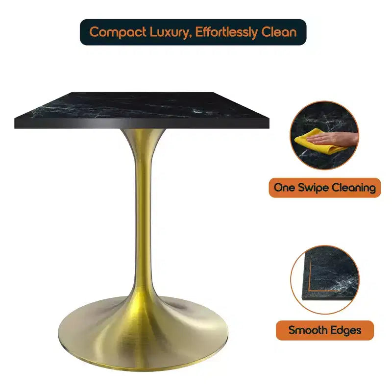 LeisureMod Verve 24 Sqaure Dining Table - Modern MDF Top with Brushed Gold Pedestal Base Accent Cafe Table for Kitchen, Home, and Cafes