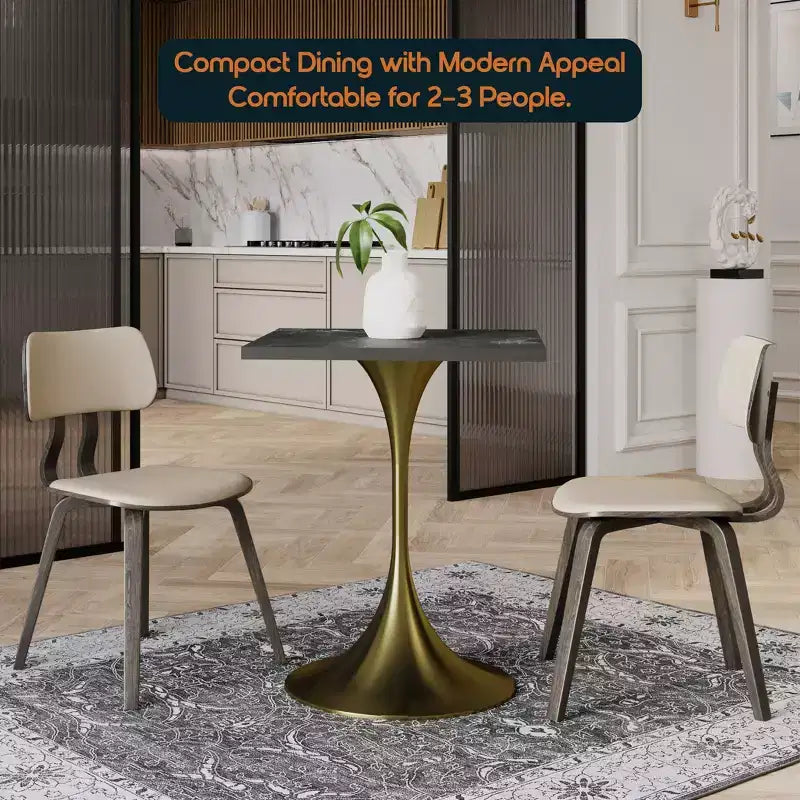 LeisureMod Verve 24 Sqaure Dining Table - Modern MDF Top with Brushed Gold Pedestal Base Accent Cafe Table for Kitchen, Home, and Cafes