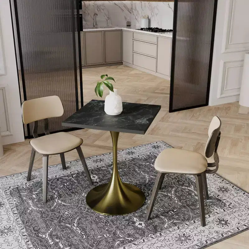 LeisureMod Verve 24 Sqaure Dining Table - Modern MDF Top with Brushed Gold Pedestal Base Accent Cafe Table for Kitchen, Home, and Cafes