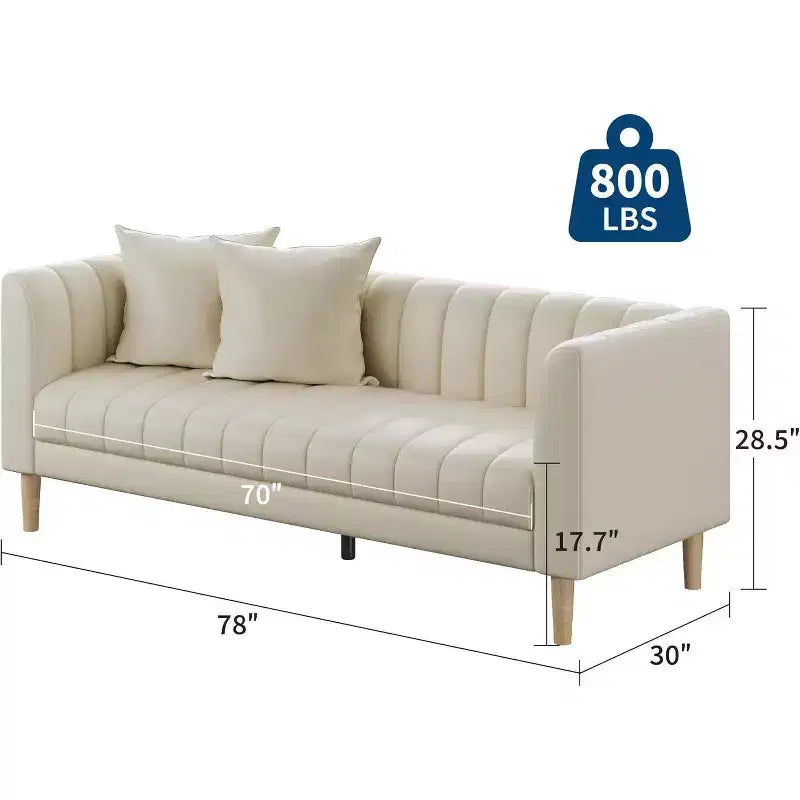 Faux Leather Sofa Couch, Modern 78 W Sofa with Deep Seats, 3 Seater Sofa Couch with 2 Throw Pillows and Wood Legs, for Living Room