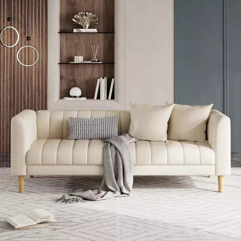 Faux Leather Sofa Couch, Modern 78 W Sofa with Deep Seats, 3 Seater Sofa Couch with 2 Throw Pillows and Wood Legs, for Living Room