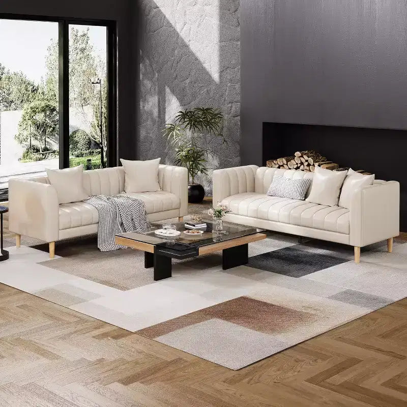 Faux Leather Sofa Couch, Modern 78 W Sofa with Deep Seats, 3 Seater Sofa Couch with 2 Throw Pillows and Wood Legs, for Living Room