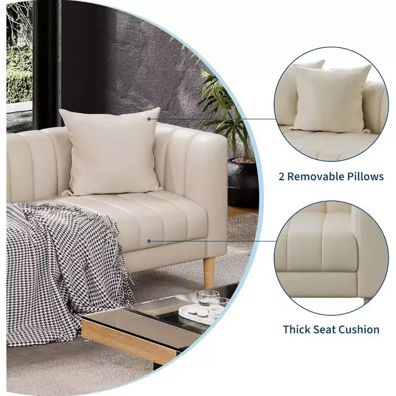 Faux Leather Sofa Couch, Modern 78 W Sofa with Deep Seats, 3 Seater Sofa Couch with 2 Throw Pillows and Wood Legs, for Living Room