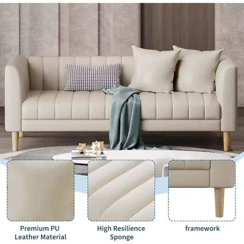 Faux Leather Sofa Couch, Modern 78 W Sofa with Deep Seats, 3 Seater Sofa Couch with 2 Throw Pillows and Wood Legs, for Living Room