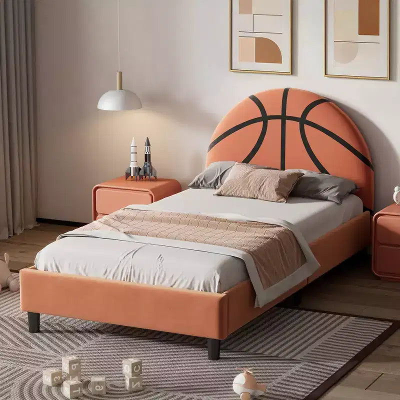 Twin Size Platform Bed, Sport Style Upholstered Bed Frame with Basketball Design for Boys & Girls, Teens, Orange -ModernLuxe