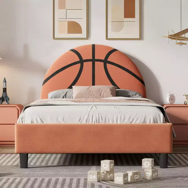 Twin Size Platform Bed, Sport Style Upholstered Bed Frame with Basketball Design for Boys & Girls, Teens, Orange -ModernLuxe