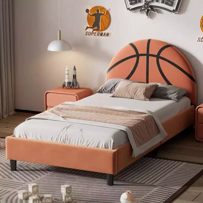 Twin Size Platform Bed, Sport Style Upholstered Bed Frame with Basketball Design for Boys & Girls, Teens, Orange -ModernLuxe