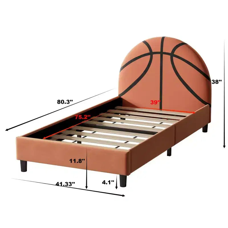Twin Size Platform Bed, Sport Style Upholstered Bed Frame with Basketball Design for Boys & Girls, Teens, Orange -ModernLuxe