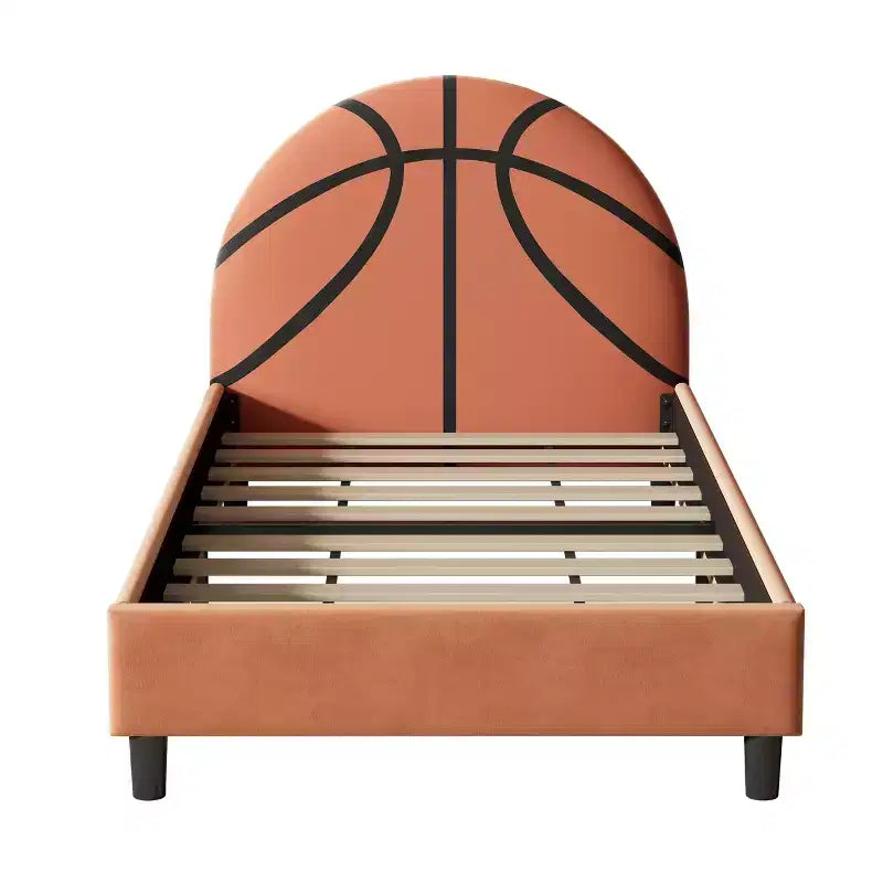 Twin Size Platform Bed, Sport Style Upholstered Bed Frame with Basketball Design for Boys & Girls, Teens, Orange -ModernLuxe