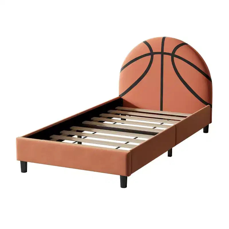 Twin Size Platform Bed, Sport Style Upholstered Bed Frame with Basketball Design for Boys & Girls, Teens, Orange -ModernLuxe