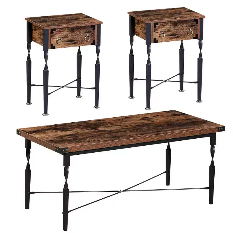VECELO 3-Piece Coffee Table Set with Storage Drawers, End/Side Table Set for Living Room or Office, Industrial Metal Frame, Brown
