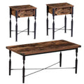 VECELO 3-Piece Coffee Table Set with Storage Drawers, End/Side Table Set for Living Room or Office, Industrial Metal Frame, Brown