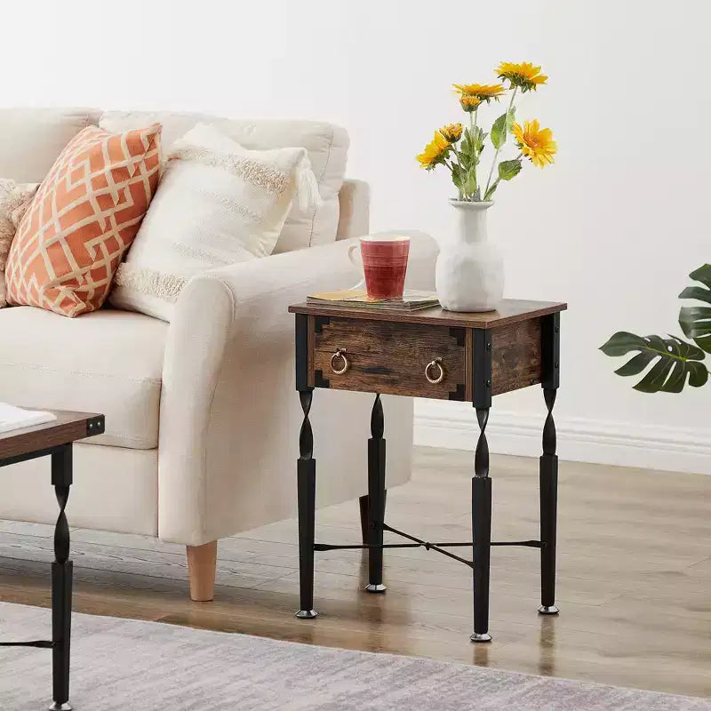 VECELO 3-Piece Coffee Table Set with Storage Drawers, End/Side Table Set for Living Room or Office, Industrial Metal Frame, Brown