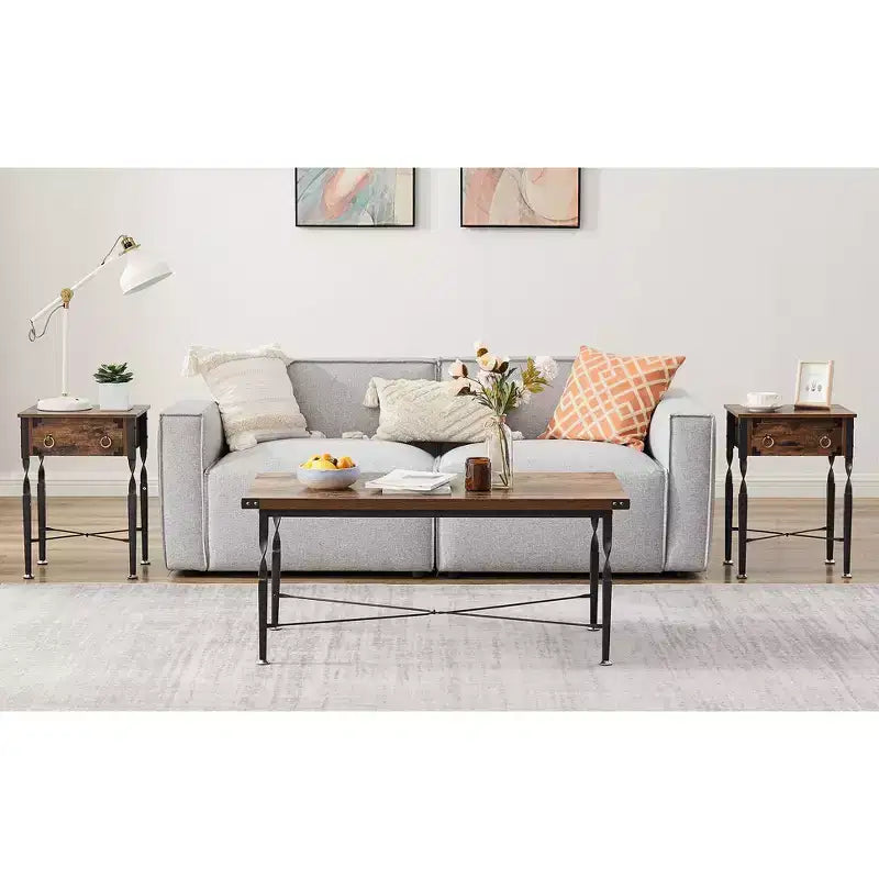VECELO 3-Piece Coffee Table Set with Storage Drawers, End/Side Table Set for Living Room or Office, Industrial Metal Frame, Brown