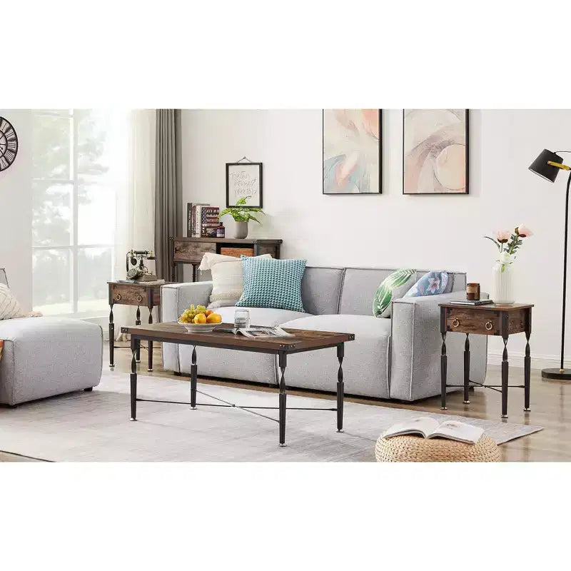 VECELO 3-Piece Coffee Table Set with Storage Drawers, End/Side Table Set for Living Room or Office, Industrial Metal Frame, Brown