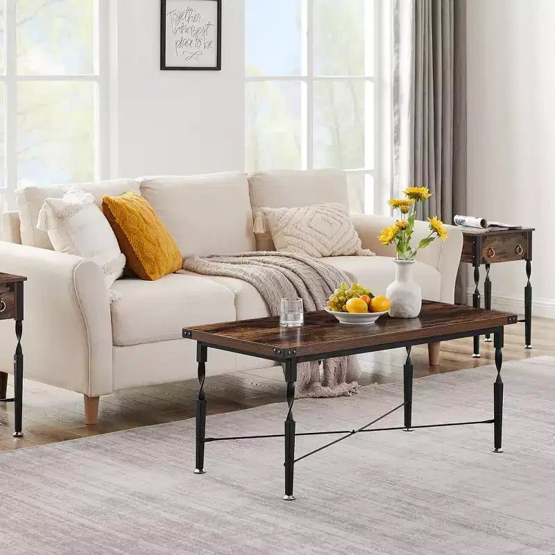 VECELO 3-Piece Coffee Table Set with Storage Drawers, End/Side Table Set for Living Room or Office, Industrial Metal Frame, Brown