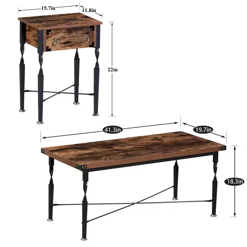 VECELO 3-Piece Coffee Table Set with Storage Drawers, End/Side Table Set for Living Room or Office, Industrial Metal Frame, Brown