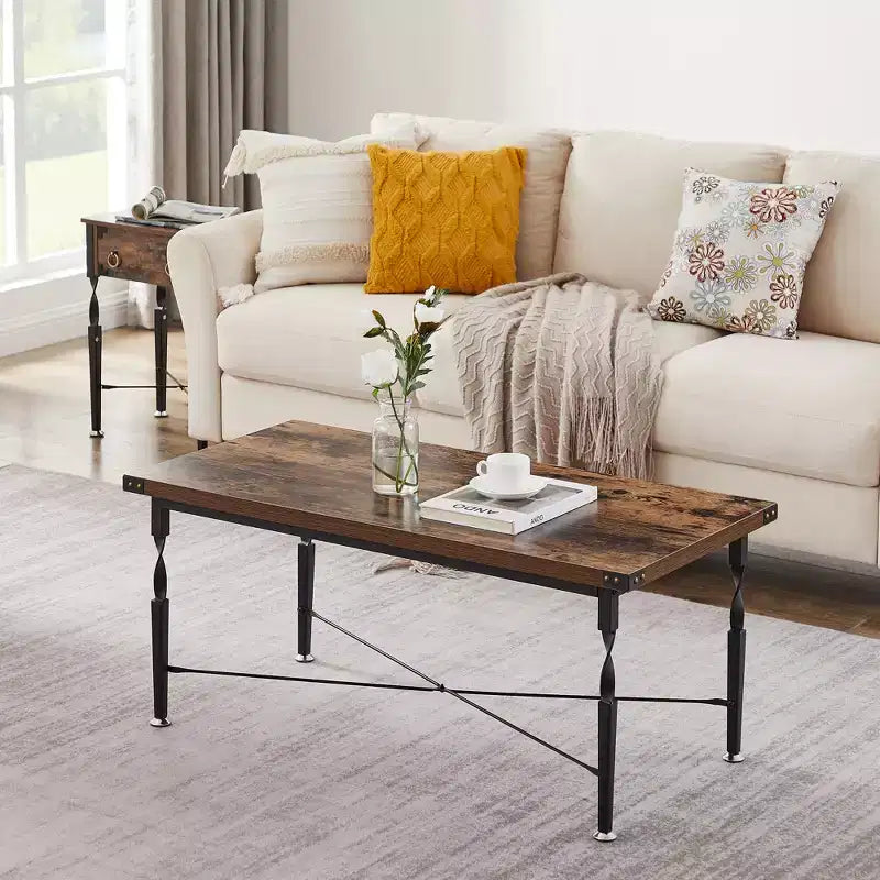 VECELO 3-Piece Coffee Table Set with Storage Drawers, End/Side Table Set for Living Room or Office, Industrial Metal Frame, Brown