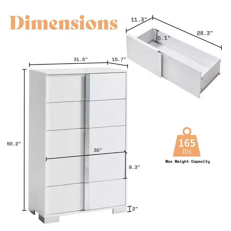 AMERLIFE 50.2 H 5 Drawer Dresser, Glossy Surface Chest of Drawers, Large Storage Organizer