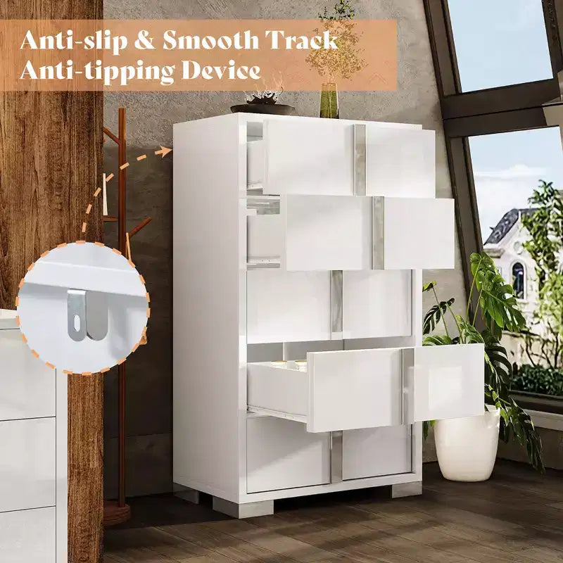 AMERLIFE 50.2 H 5 Drawer Dresser, Glossy Surface Chest of Drawers, Large Storage Organizer