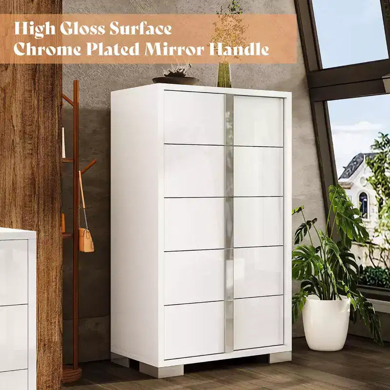 AMERLIFE 50.2 H 5 Drawer Dresser, Glossy Surface Chest of Drawers, Large Storage Organizer