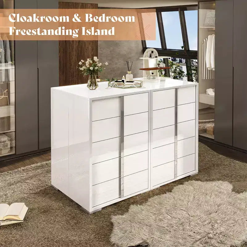 AMERLIFE 50.2 H 5 Drawer Dresser, Glossy Surface Chest of Drawers, Large Storage Organizer